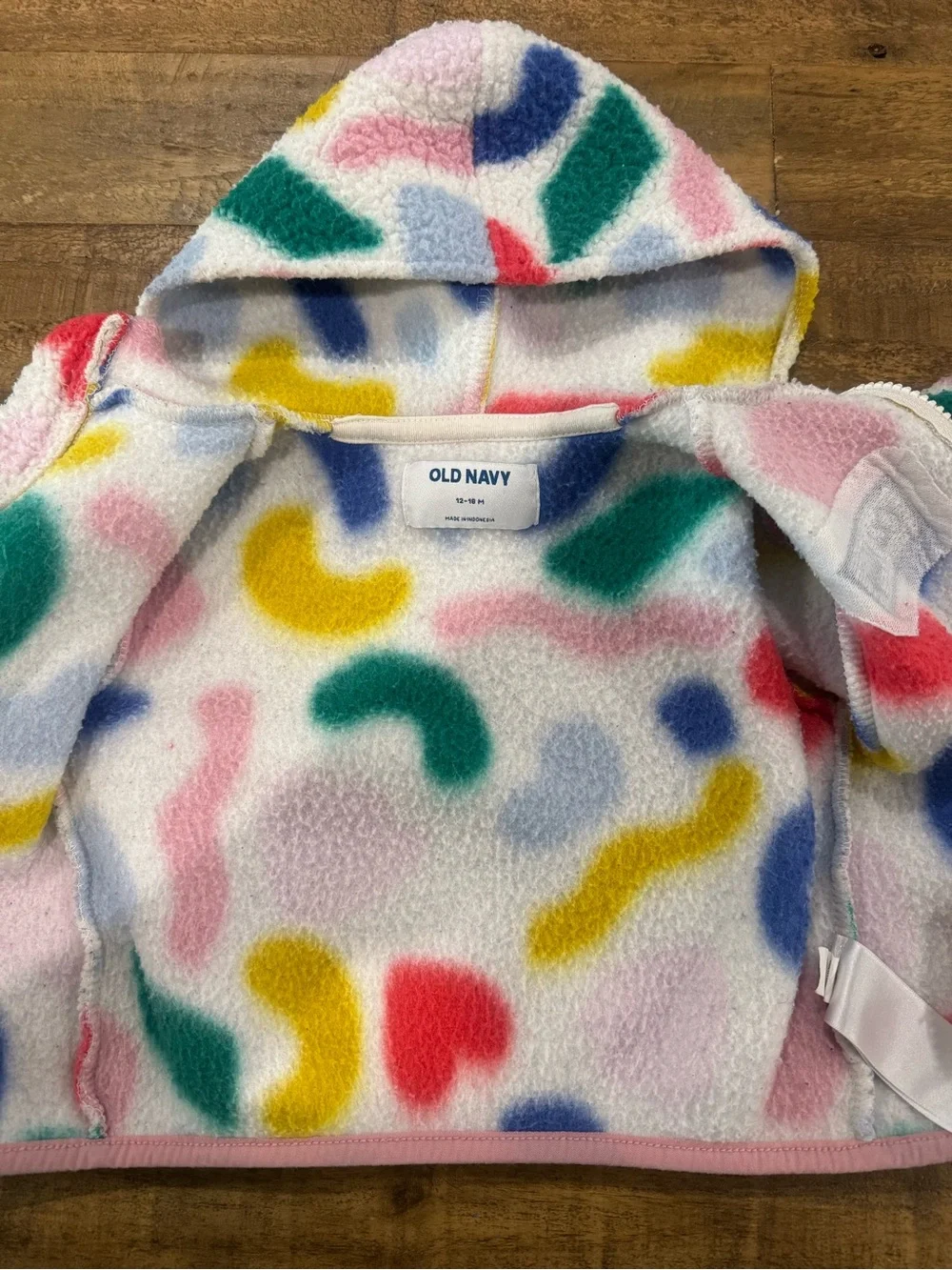Old Navy White Sherpa Hoodie with Multicolor Heart & Abstract Shapes, 12-18mos